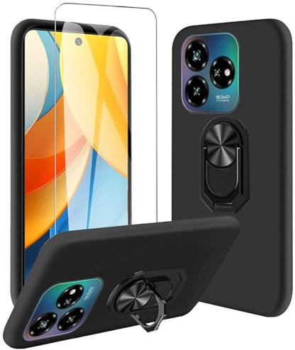 JDXHFF Hülle Kompatibel mit ZTE Blade V60 Vita (6.6) Schwarz und 360° Drehbarer Ständer und Panzerglas Displayschutzfolie - Schutzhülle Weich Silikon Flexibel TPU Tasche Case