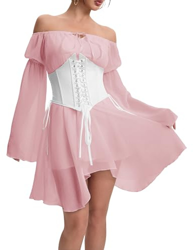 YINGWIN Costume de pirate pour femme, corset, en mousseline de soie, robe à épaules dénudées, Corset rose et blanc, L