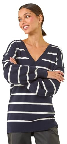 Roman Originals V-Neck Jumper for Women UK Ladies Boyfriend Fit Slouch Sweater Winter Autumn Textured Casual Flattering Knit Pullover Knitwear Daywear Lightweight Lounge - Navy White - Size 12