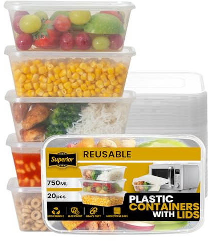 Superior Takeaway Containers with Lids – 20 Pack Durable 750ml Crack-Resistant Rectangular Food Containers with Lids -Microwave Safe Leak-Proof Takeaway Containers - Meal Prep & Food Storage