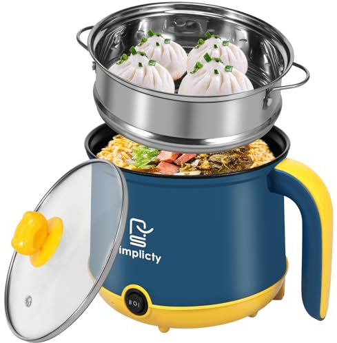 Electric Hot Pot 1.8L Mini Electric Cooking Pot with Steam Rack & Handle, 2 Gear Non-Stick Rapid Ramen Noodles Cooker, Electric Skillet for Noodles/Pasta/Egg/Soup/Oatmeal/Steak(Blue (double layer))