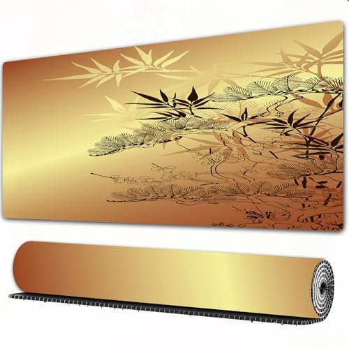 FEHWI Grand Tapis de Souris de Jeu avec Bords surpiqués et Dos antidérapant,sous-Main pour Clavier et Souris,Branches et Motifs de Bambou de Style Japonais et Asiatique avec des Feuilles voy,80×30 cm