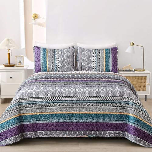 WONGS BEDDING Tagesdecke 240x260 Bettüberwurf Boho Decke Steppdecke 3 Teilig Doppelbett Gesteppt Bettdecke Mikrofaser Wohndecke mit 2 Kissenbezug 50x75 für Schlafzimmer als Sofaüberwurf, Purple