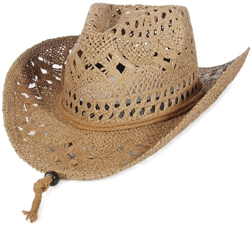 GEMVIE Straw Cowboy Cowgirl Hat for Men Women Summer Hollow Out Straw Cowboy Hats with Chin Strap, Khaki, 7-7 1/4