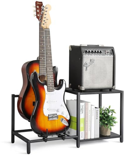 Bikoney 2-stöckiger Gitarrenständer mit Amp-Regal – Verstellbarer Gitarrenständer für mehrere Gitarren und Zubehör, Gitarrenhalter für Studio, Zuhause oder Bühne – Schwarz