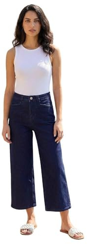 Roman Originials Denim Culottes for Women UK Ladies Cotton Cropped Trouser Wide Leg Jean Stretch Pants Capri 3/4 Length Three Quarter Summer Loose Casual Spring - Plain Indigo - Size 8