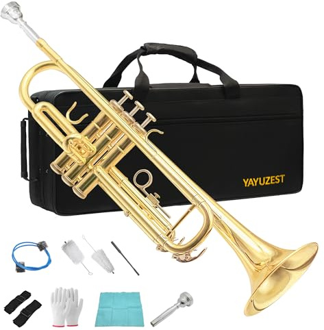 YAYUZEST Bb Standard Trumpet Set for Beginner and Advanced Student, Brass Student Trumpet Instrument with Hard Case, Cleaning Kit, 7C Mouthpiece and Gloves (Gold)
