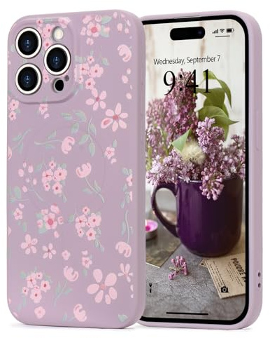 Wirvyuer for iPhone 14 Pro Magnetic case Floral for Women, Lavender | Compatible with Magsafe Cute Floral Leaves Phone Case, Pink Flower Shockproof Silicone Slim Bumper Protective Cover for Girls