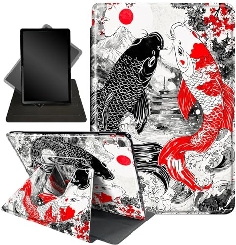 Case for Amazon Fire HD 10 Tablet (7th and 9th Generation, 2017 and 2019 Release),360 Degree Rotating Stand Smart Protective Case for Kindle Fire HD 10 7th 9th Gen 10.1,Black Red Carp