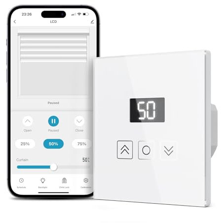 Interruptor de Persianas Wifi con Pantalla, 80x 80mm Interruptor de Persiana Inteligente Control por Smart Life, Compatible con Alexa/Google Assistant, Requiere Cable Neutro