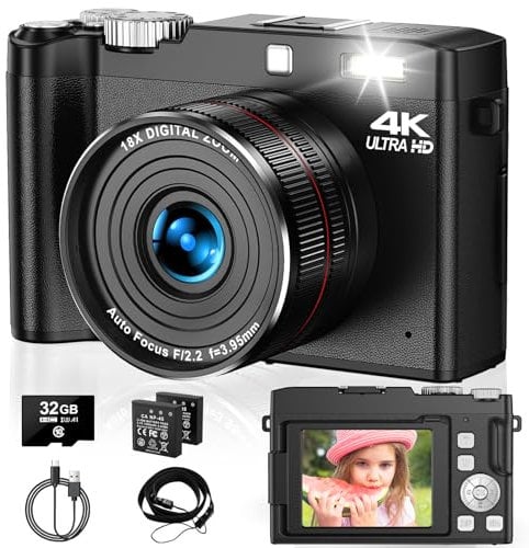 4K 64MP Digital Camera One-Touch Macro Vlogging Camera- Autofocus & 2.8” Flip Screen. 18X Digital Zoom for Beginners & Adults, Includes 32GB SD Card & 2 Batteries