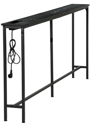 GOKHOMX Table Console étroite avec Station de Charge, Table Console d'entrée étroite de 180 cm Meuble Derriere Canapé pour Salon Entrée Couloir Hall, Aspect Faux Marbre (Noir,180 X 20 X 80,5 cm)