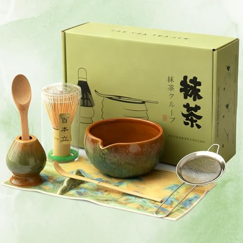 TOPDÉCORÉ Kit Matcha Complet-Set Matcha Traditionnel en Bambou avec Fouet Matcha (Chasen),Cuillère & Support-Coffret Thé Matcha Japonais Authentique pour Cérémonie-Idée Cadeau (Vert)