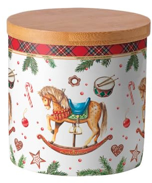 Ambiente Fine Bone China Porzellan Dose ca 0,46l Inhalt mit Bambus Deckel und Dichtung Kaffee/Tee/Gebäckdose Weihnachtsmotiv Schaukelpferd