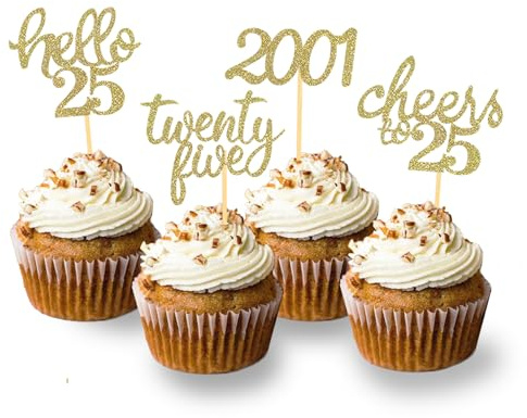 24 Stück 25. Geburtstag Cupcake Topper 25 von 2001 für 25. Geburtstag Junge | Gold Geburtstagsdeko 25, Glitzer 25 Geburtstagsfeier Zubehör Party Dekoration Kuchendekoration