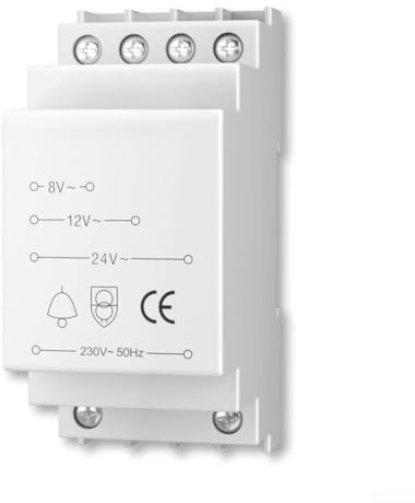 Feeshoppher Doorbell Transformer 8V 12V 24V Approved Multi Voltage Power Supply for Ring and Bell Smart Doorbell Systems with PTC Short Circuit Protection IP20 Safety Insulation DIN Rail M