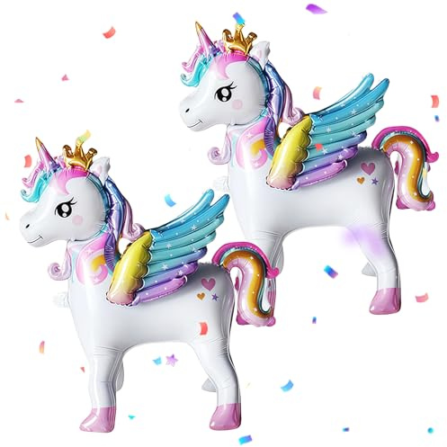 2er Set Rainbow Einhorn Luftballons, Stehendes Einhorn Folienballons | Ballons Einhorn-Form, mit Krone, Regenbogenmuster, Flügeln, für Geburtstagsparty, Kinderzimmer-Deko, Babyfest, Hochzeit
