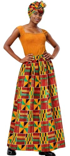Dashiki Maxirock Damen Afrikanischem Druck Elegant Röcke mit Kopftuch 2 Stück Lässig Traditioneller Skirt Hohe Taille Ankara Kostüm Stretch Wickel Trachten Rock Freizeitrock