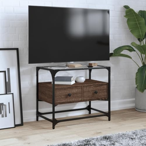 Meuble TV Moderne avec Plateau en Verre Trempé, Meuble de Rangement Salon Chêne Brun, Armoire Télé Design Industriel en Bois d'Ingénierie et Métal pour Salon et Salle à Manger, 60x35x51 cm