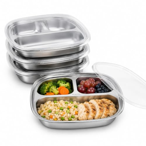 YAGOKKI 4 Pack 3-Compartment Divided Plates with Lids, 7.8 x 7.8 x 1.7 in Stainless Steel Divided Plates, Metal Portion Control Meal Prep Pan for Camping Picnic