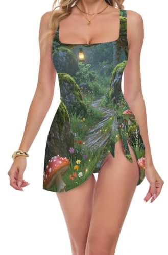 Body Hugging One Piece badklänning för kvinnor baddräkt för simning, Månbelysta skogar svamp vildblomma, 3XL