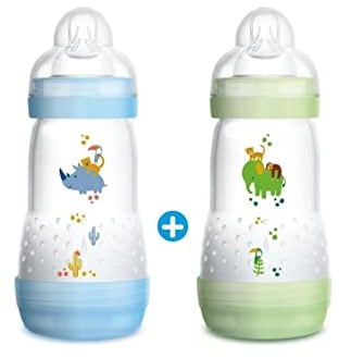 MAM 2 Anti-Colic Baby Bottles 260ml 0-6 Months - Colour : Transparent blue with patterns