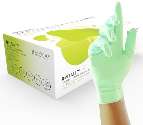 Unigloves Vitality Latex Mint GD0012 Examination - Multipurpose, Scented, Powder Free Disposable Gloves, Box of 100 Gloves, Green, Small