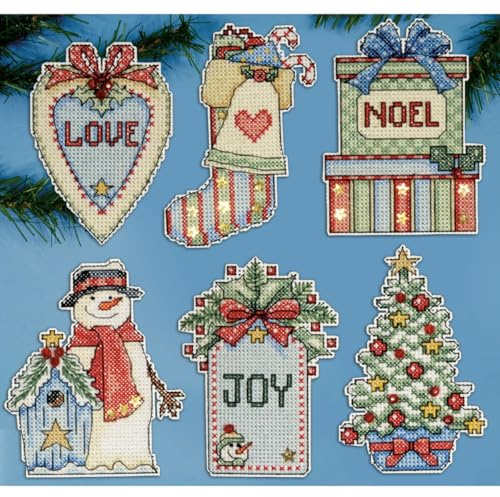 Design Works Crafts Kreuzstich Stickpackung Weihnachtsbaum-Dekoration Weihnachten auf dem Land 6er Set, Zählmuster