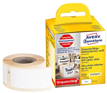 AVERY Zweckform A1976411 Dymo LabelWriter wetterfeste Etiketten kompatibel zu 1976411 (25x54mm, 1 Rolle|160 Kunststoff Aufkleber, selbstklebend, für LW Dymo Etikettendrucker, Beschriftungsgerät)