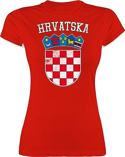 Shirt Damen - Fußball EM WM - Kroatien Wappen Hrvatska Krotatisch - L - Rot - Croatia Trikot fußballtrikot Europameisterschaft Croatian für Frauen kroatische Tshirt wm-Shirts Fussball kroatisch