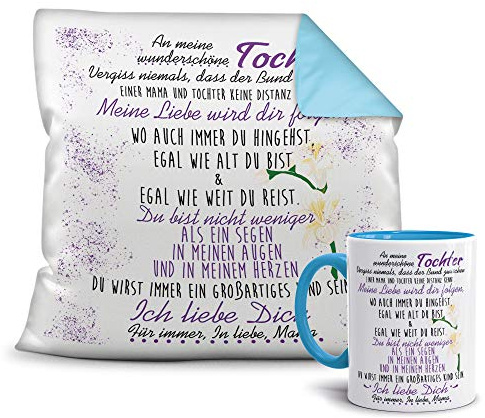 Geschenkset von der Mama für die Tochter - Tasse und Kissen - Himmelblau/Verwandte/Geschenk-Idee/Liebling/Familie