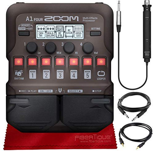 Zoom A1 FOUR Acoustic Instrument Multi-Effect Processor for Acoustic Guitar, Saxophone, Trumpet, Violin, Harmonica or Acoustic Bass + Cables & Fibertique Microfiber Cleaning Cloth