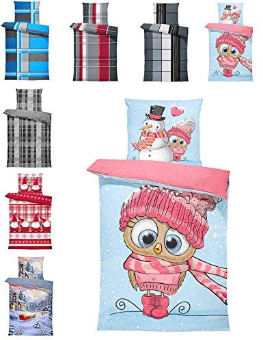 one-home Winter Bettwäsche Thermo Fleece Kuschelig Warme Bettbezüge Flauschig Warm Weich, Größe:2 teilig 135x200 cm, Farbe:Eule Schneemann Rosa Blau