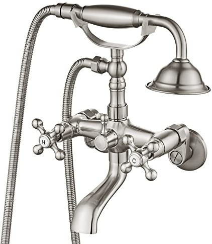 Aolemi Gebürstetes Nickel Klauenfuß Wannenarmatur Wandhalterung Badezimmer Wannenfüller Badewanne Dusche Set Doppelter Kreuzgriff mit Handbrause
