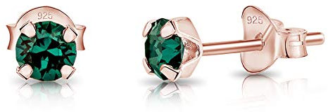 Pendientes de Botón Plata Ley 925 Chapados Oro Rosa 18K on Cristales Brillantes Esmeralda 4 mm - Pendientes Pequeños Oro para Mujer - Punto de Luz Hipoalergénicos
