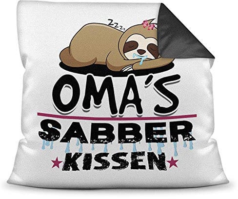 PR Print Royal Kuschel-Kissen inkl. Füllung mit Spruch für Oma - Omas Sabber-Kissen - Witziges Muttertagsgeschenk/Geschenk-Idee für Mütter/Muttertag Geburtstag - Farbkissen Rückseite Schwarz