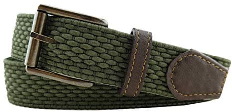 TigerTie hochwertiger Stretchgürtel mit Edelstahl Schnalle und echt Leder Applikationen grün oliv einfarbig. Gürtelbreite 35 mm, Bundweite 90 cm