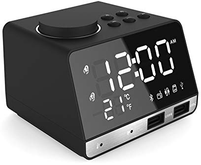 LXLTLB Subwoofer Alarm Clock with Wireless Charging,home Digital Clocks Radio Bluetooth Speaker with Usb Port,dual Alarm,3 Brightness Dimmable, Player,big Mirror Led Display for Bedroom,Black