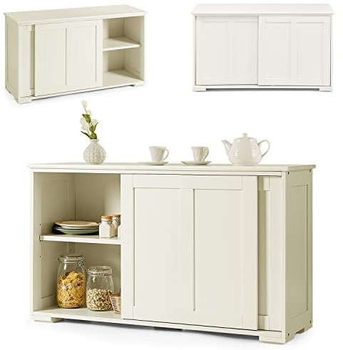 RELAX4LIFE Armoire de Cuisine avec 2 Portes Coulissantes et 2 Couches, Commode Buffet Style Contemporain avec Étagère Réglable pour Cuisine, Chambre, Salon, Noir/Blanc (Blanc/Style 2)