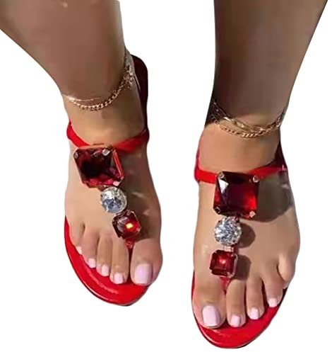 Minetom Sandales Plates Femmes Chaussures Été Strass Fleurs Nu Pieds Tongs Plages Claquettes Bout Ouvert Vacances Sandales B Rouge 42 EU