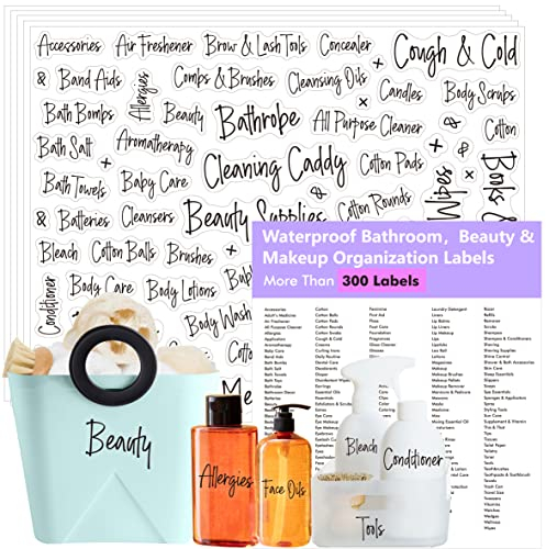 300+ Bathroom Labels, Include Over 265 Preprinted Bathroom, Beauty & Makeup Stickers and 36 Blank Ones, Waterproof/Oil/Tear Resistant No Residue Cursive Bathroom Stickers