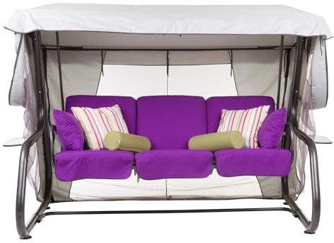 PATIO Hollywoodschaukel 4 Sitzer mit Liegefunktion 179 cm Venezia Lux Sitzpolster violett Sonnendach Moskitonetz Seitentische Dekokissen
