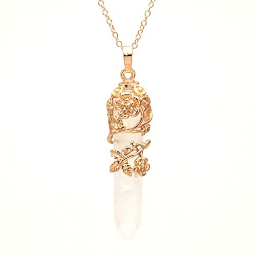 Hexagonal Healing Crystal Pendant Necklace Flower Wire Wrapped Amethysts Rose Quartz Natural Stone Jewelry, White Crystal, 45cm