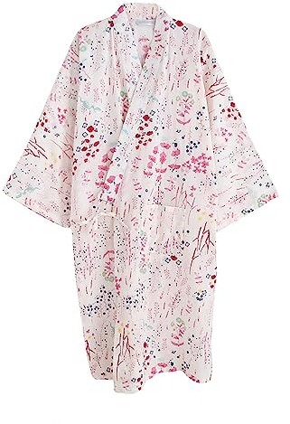 G-LIKE Japanischer Kimono Nachthemd Bademantel – Traditioneller Haori Yukata Stil 100% Baumwolle Frühling Sommer Hauskleid Saunamantel Leicht Dünn Nachtwäsche für Damen Herren (Weiß-Damen, L)