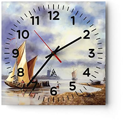 ARTTOR Moderne Glasuhr 30x30cm Quadrat Wanduhr Landschaften Maritim - 4318 | Fischer Schiff Lüfter Glas Analog Wanduhr Lautlos Wanddekoration Wohnzimmer Büro Küche Wanddeko Küchenuhr Geräuschlos ARTTOR
