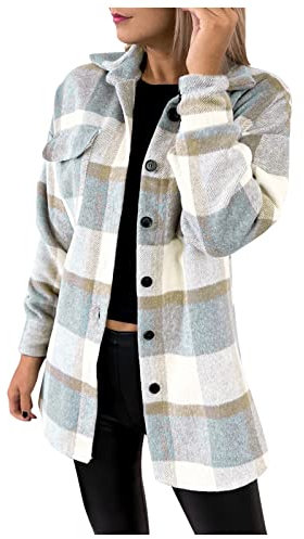 Générique Chemisier à Carreaux Chemise Femme Blouse Chic avec Bouton en Flanelle à Manches Longues Retroussée Style de Boyfriend Casual Veste Polaire avec Capuche (X2 Beige, L)