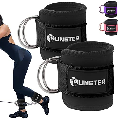 LINSTER Fußschlaufen Kabelzug (2 Stück) für Fitness Training am Kabelzug, Kickbacks Fußschlaufe mit D-Ringen Fußmanschetten und Neopren, Gym Zubehör für Beinstrecker, Gesäßmuskeln und Beintraining