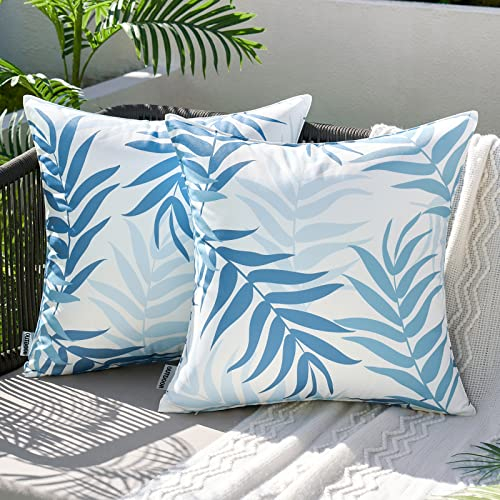 MIULEE Outdoor Kissenbezug Wasserdicht Kissen Wasserfest Dekorative Kissenbezüge Blattmuster Sofakissen Zierkissen Dekokissen für Garten Sofa Couch Wohnzimmer Schlafzimmer 2er Set 45x45 cm Hellblau