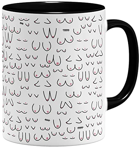 OM3® witzige Kaffeetasse mit Brüsten Titten Kaffee-Tasse Brüste-Muster Doodle | Keramik Becher | 11oz 325ml | Rundumdruck | Schwarz
