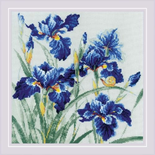 RIOLIS 2102 Blaue Schwertlilien Zählmuster-Kreuzstich-Set 29.8 x 29.8 cm | 14 ct grau Zweigart Aida, 14 Anchor-Baumwolle Farben, Mittelstufe, Stickvorlage & Nadel inklusive, Stick-Geschenkset